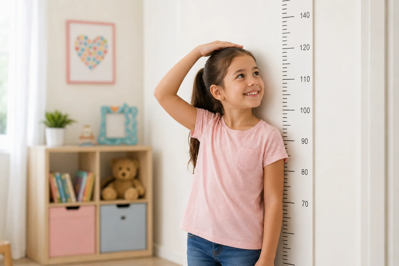 Una niña feliz midiendo su estatura contra la pared